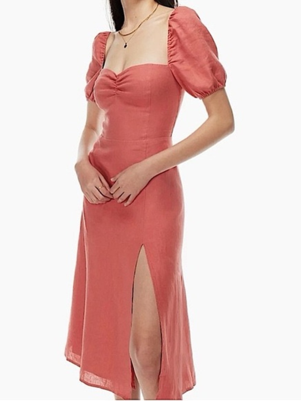 Women's Dame Linen Puff-Sleeve Midi Dress with Side Slit
